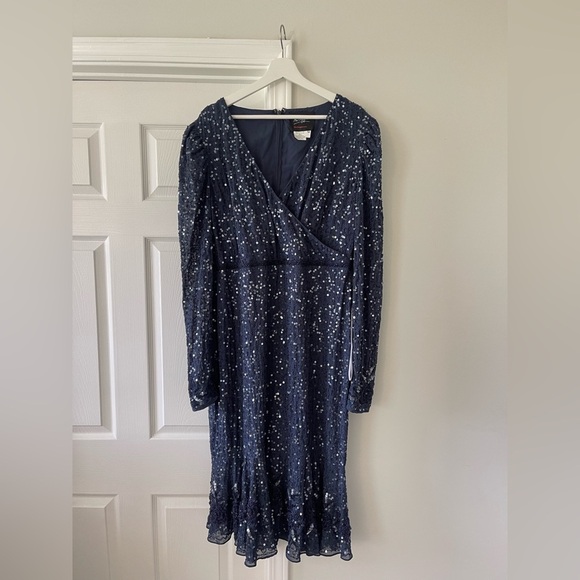 NWT Mac Duggal 10740 Blue Long Sleeve Beaded Sequin Evening Gown - Picture 2 of 7